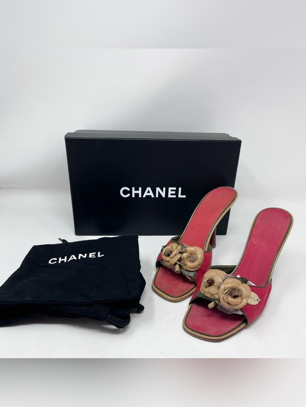Vintage Chanel Camellia Mule Heel Sandal Red Canvas Chanel Logo Y2K size 36.5